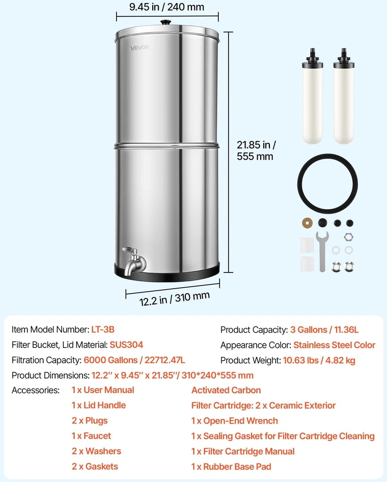 Gravitacinė vandens filtravimo sistema VEVOR LT-3B, 11,36 l