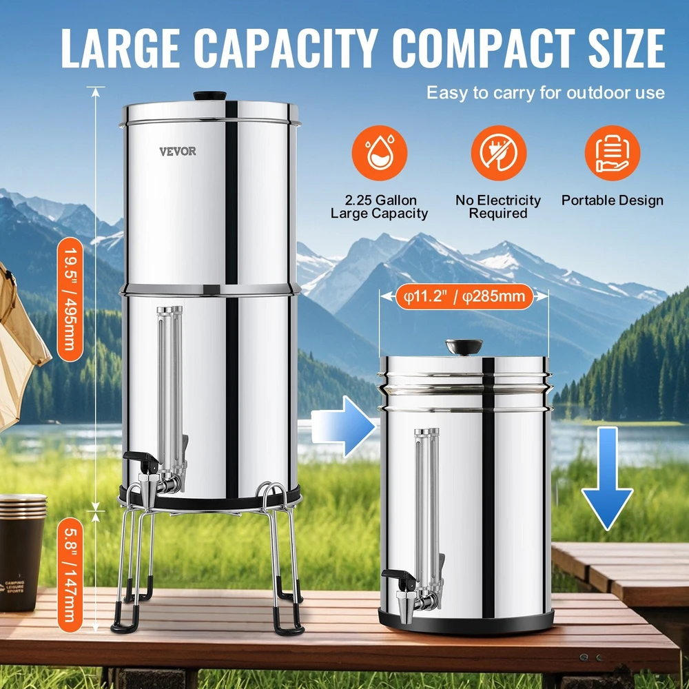 VEVOR Nerūdijančio plieno gravitacinis vandens filtras, geriamojo vandens sistema, nešiojamas vandens valytuvas, stovyklavimui, žygiams