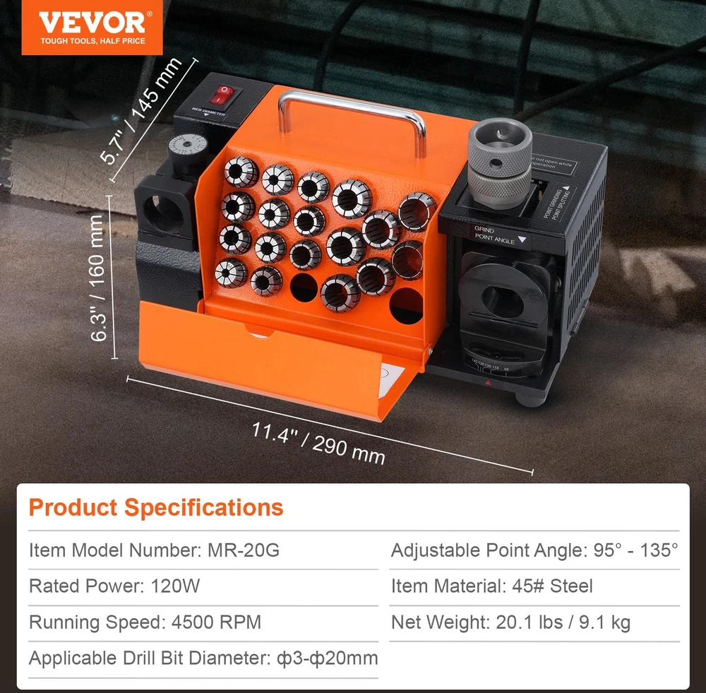 VEVOR MR-20G grąžtų galąstuvas 3-20mm su 18 laikiklių