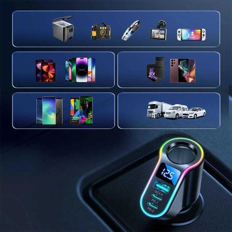 Automobilinis įkroviklis Joyroom JR-CL21, 4 viename, 1 x USB QC3.0, 2 x USB-C PD 150 W (juodas)