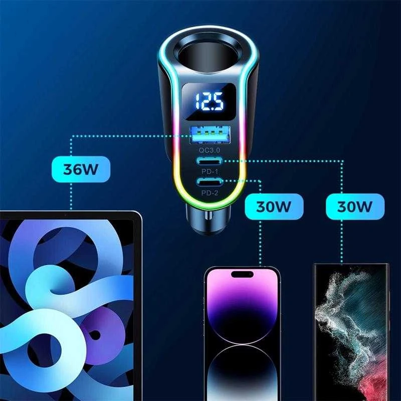 Automobilinis įkroviklis Joyroom JR-CL21, 4 viename, 1 x USB QC3.0, 2 x USB-C PD 150 W (juodas)