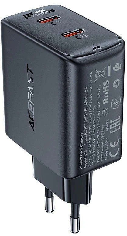 Acefast A49 sieninis įkroviklis, 2x USB-C, 35W PD (juodas)