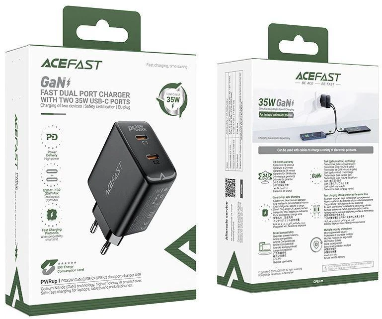 Acefast A49 sieninis įkroviklis, 2x USB-C, 35W PD (juodas)