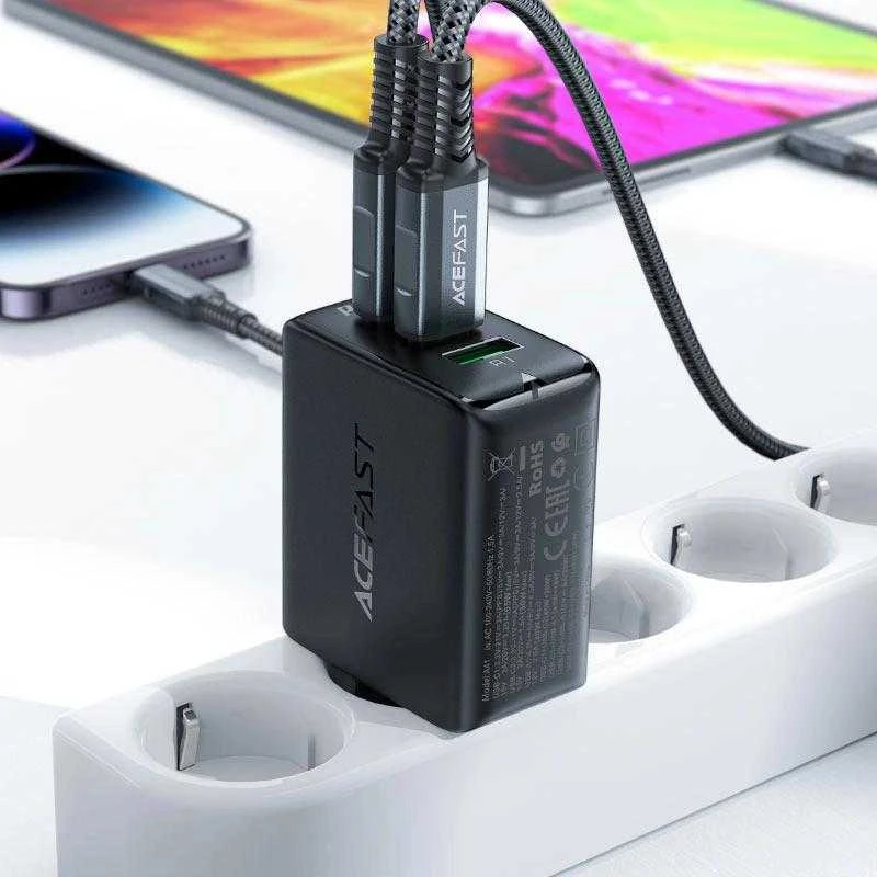 Acefast A41 sieninis įkroviklis, 2x USB-C + USB, GaN 65W (juodas)