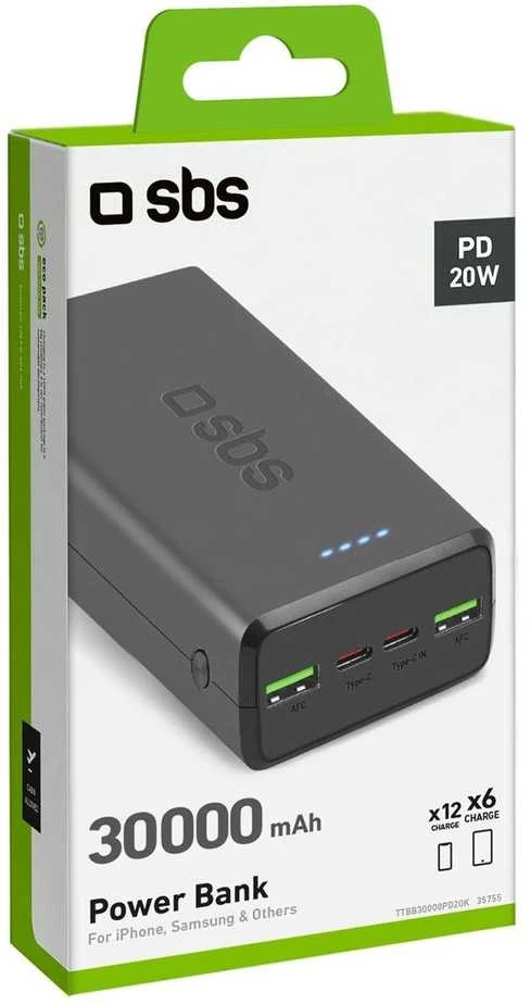 Fast charge power bank: 20,000 mAh, 2 USBs juodos spalvos