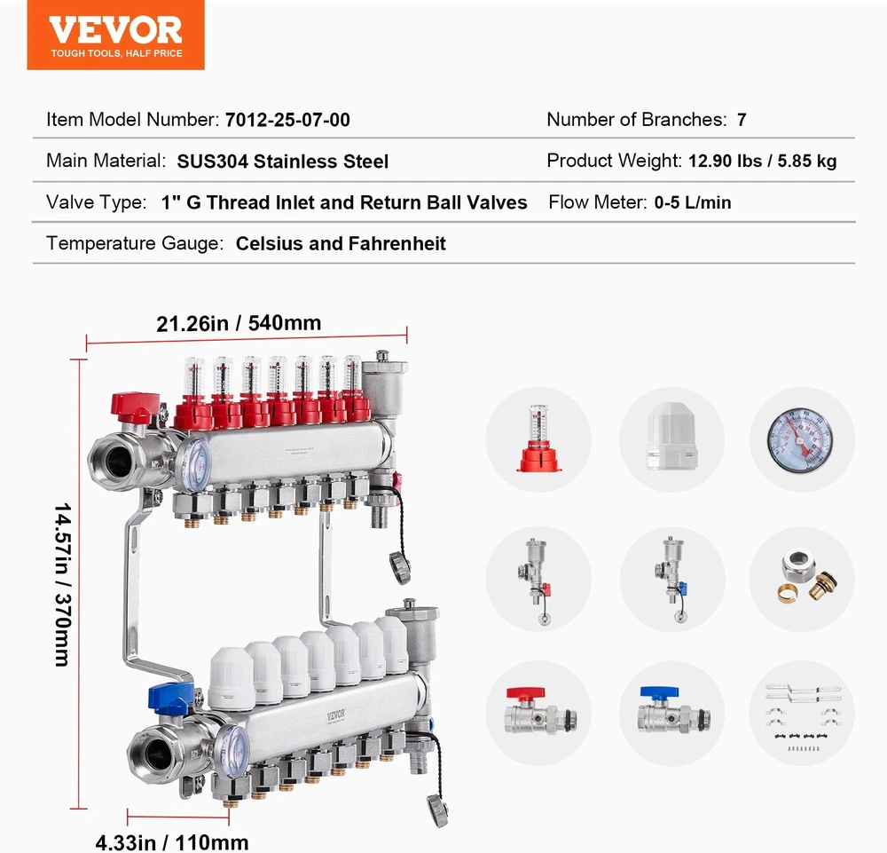 VEVOR 7 šakų grindų šildymo kolektorius PEX vamzdžiams