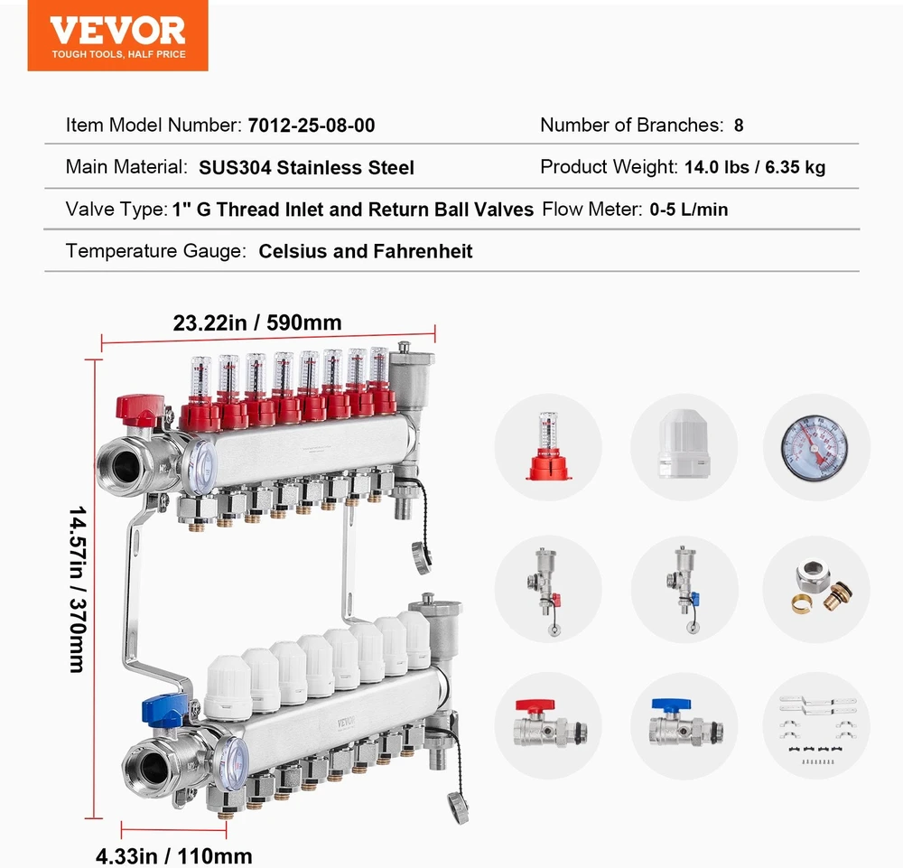 VEVOR 8 šakų grindinio šildymo kolektorius PEX vamzdžiams