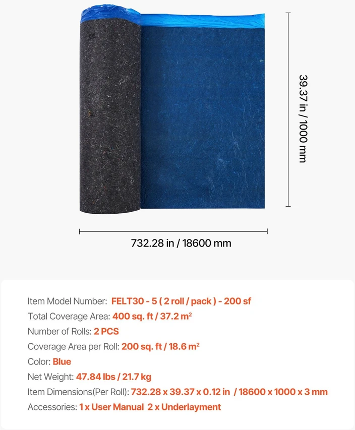 VEVOR Grindų paklotas 37,2 m², 3 mm mėlynas