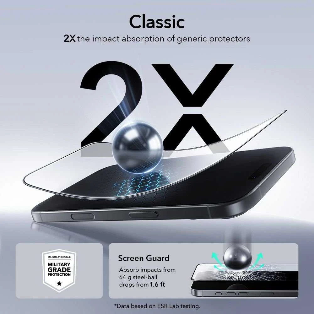 ESR UltraFit Apsauginis stiklas 2-pack skirtas Apple iPhone 16 Pro / 17 – transparent