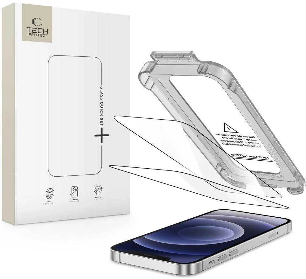 „Tech-Protect Quick Set+“ 2 grūdinto stiklo pakuotė, skirta „iPhone 12“ / „12 Pro“ - juodas