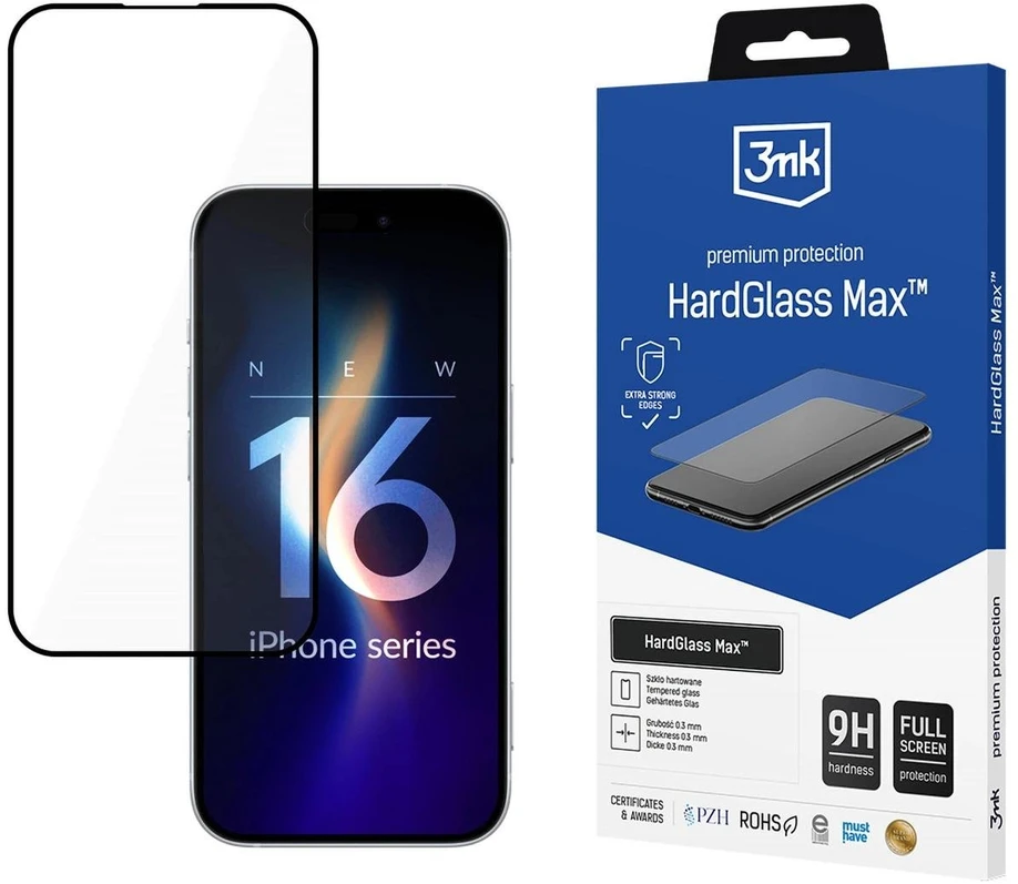 LCD apsauginis stikliukas 3mk Hard Glass Max Apple iPhone 16 Plus juodas