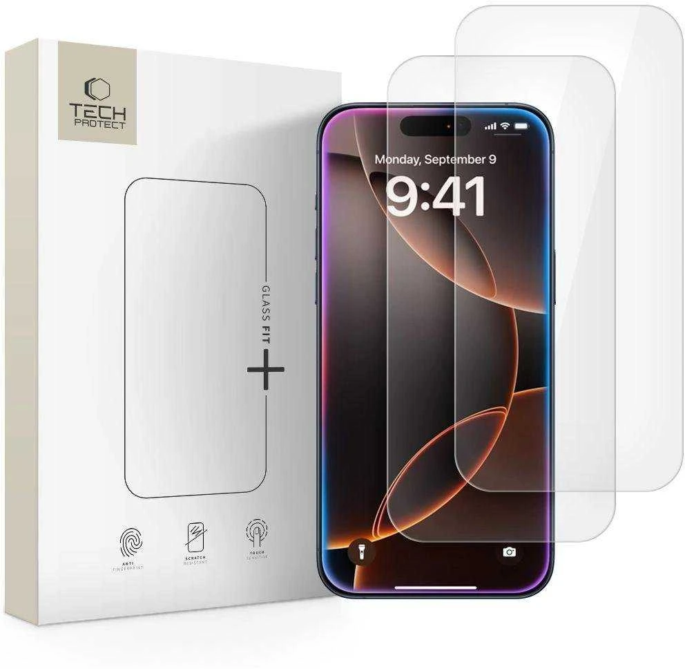 „Tech-Protect Glass Fit+“ 2 grūdinto stiklo pakuotė, skirta „iPhone 16 Pro / 17 / 17 Pro“ – skaidri