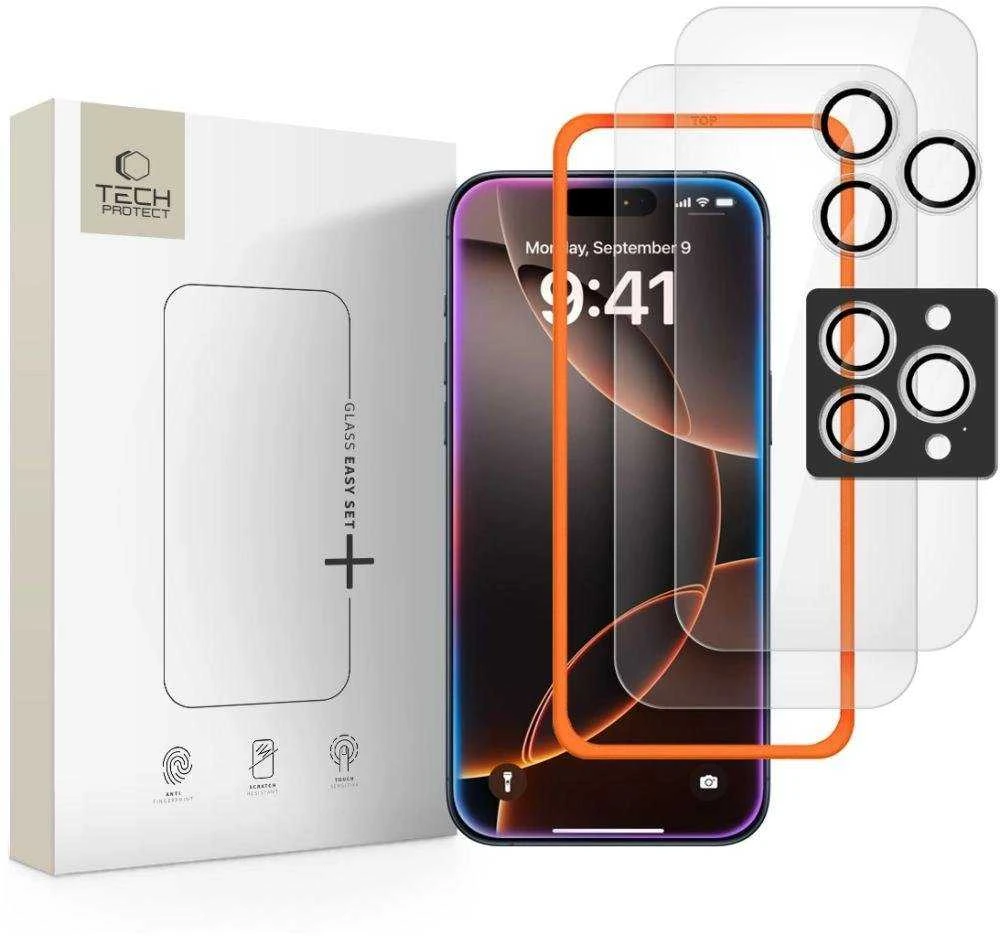 „Tech-Protect Easy Set+“ 3 grūdinto stiklo pakuotė, skirta „iPhone 16 Pro“ / „17 Pro“ – skaidri