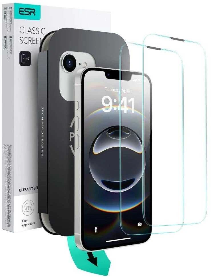 ESR „UltraFit“ grūdinto stiklo 2 dėklų pakuotė, skirta „iPhone 13 / 13 Pro / 14 / 16e / 17e“