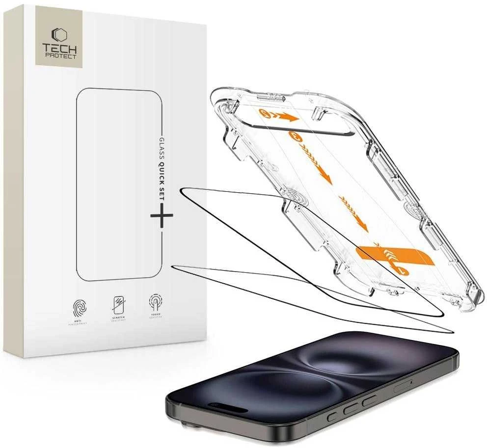 „Tech-Protect Quick Set+“ grūdinto stiklo 2 vnt. pakuotė, skirta „iPhone 15“ / „16“