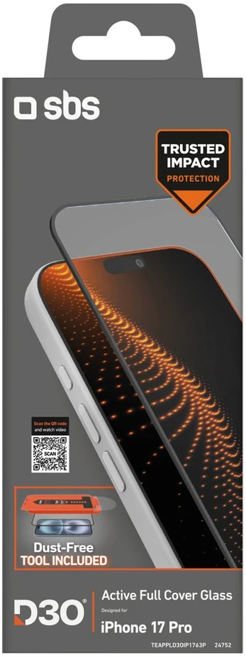 SBS apsauginis stiklas su D3O technology set su aplikatoriumi skirtas Apple iPhone 17 Pro