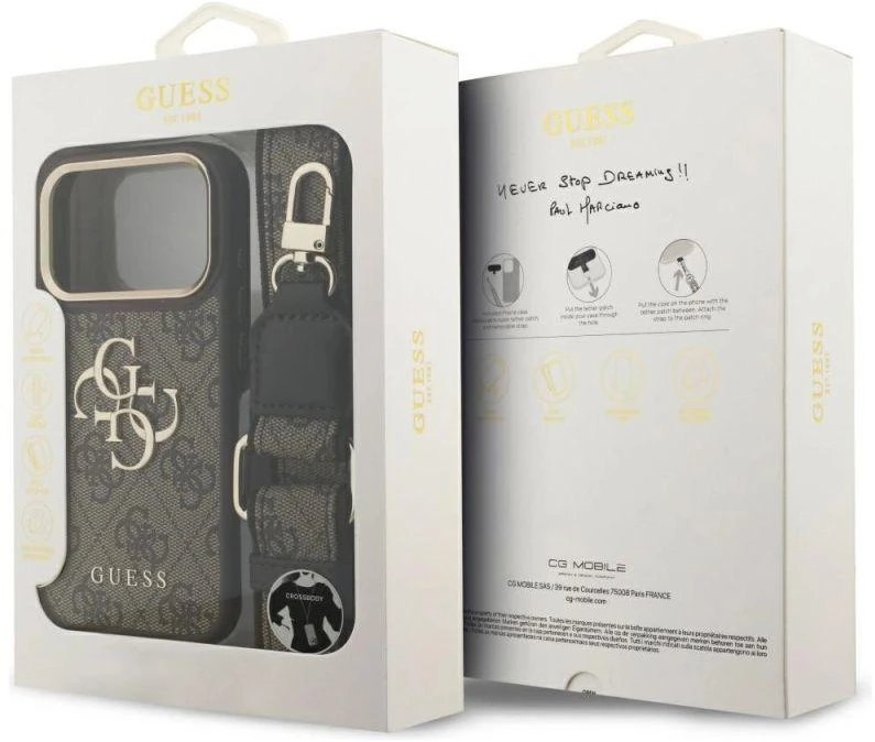 Guess 4G Big 4G Classic Logo Big Strap Metal Mygtukai dėklas skirtas Apple iPhone 17 Pro Brown