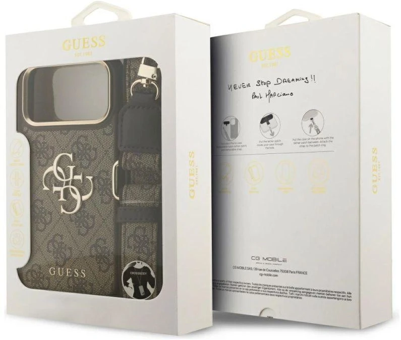 Guess 4G Big 4G Classic Logo Big Strap Metal Mygtukai dėklas skirtas Apple iPhone 17 Pro Max Brown