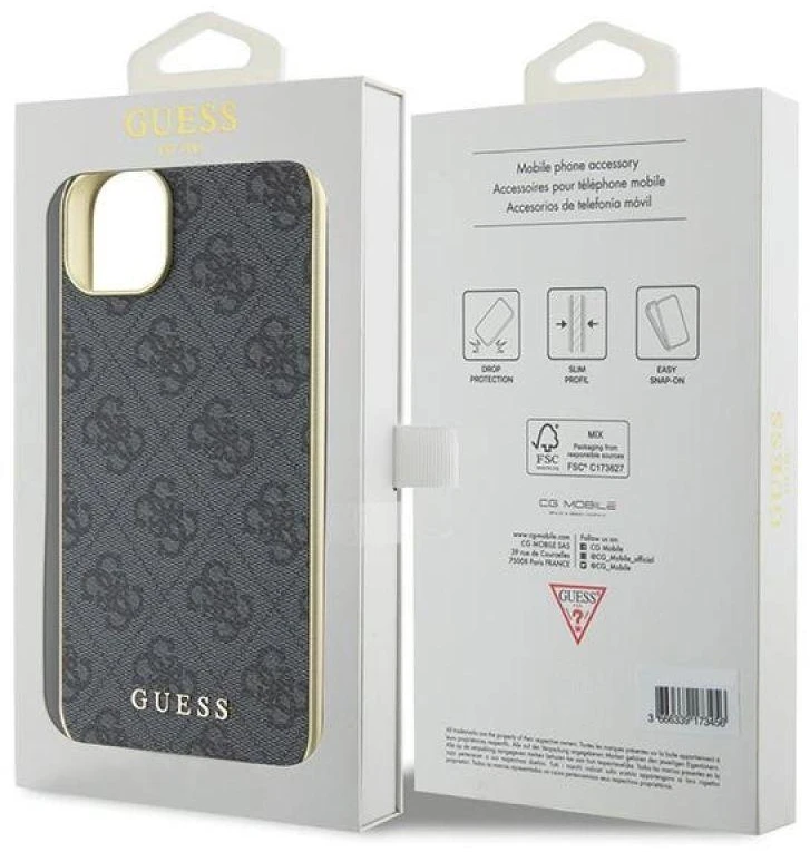 Guess GUHCP15MGF4GGR Apple iPhone 15 Plus / 14 Plus 6.7″ pilkas kietas dėklas 4G Charms Collection