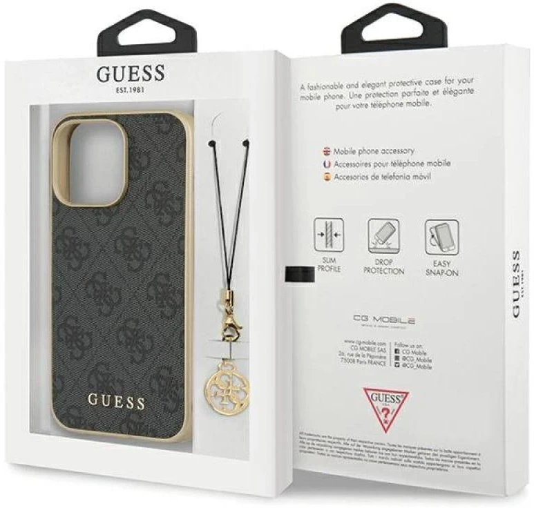 Guess GUHCP14LGF4GGR Apple iPhone 14 Pro 6,1″ pilkas kietas dėklas 4G Charms Collection