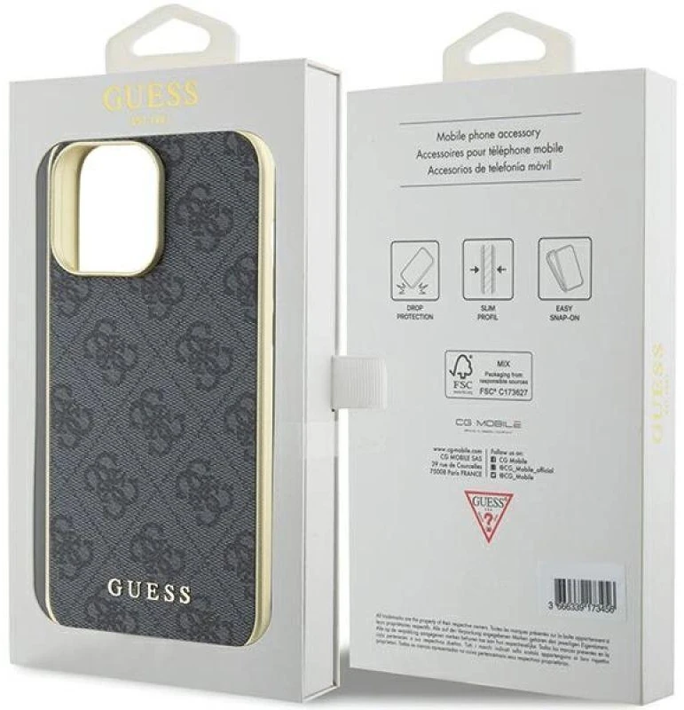 Guess GUHCP15XGF4GGR iPhone 15 Pro Max 6.7" pilka/pilkas kietas dėklas 4G Charms Collection