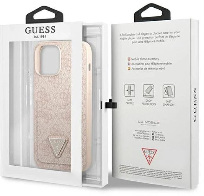 Guess GUHCP13LP4TPP Apple iPhone 13 Pro / 13 6,1″ rožinės spalvos kietas dėklas 4G Triangle Logo Cardslot