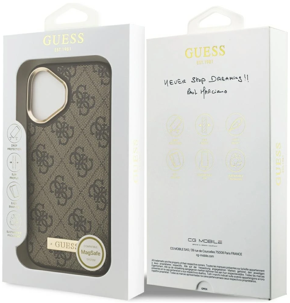 Guess 4G Logo Plate MagSafe dėklas skirtas Apple iPhone 17 rudos spalvos