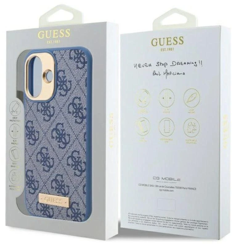 Guess GUHMP16MU4GPRB Apple iPhone 16 Plus 6.7″ mėlynas kietas dėklas 4G Logo Plate MagSafe