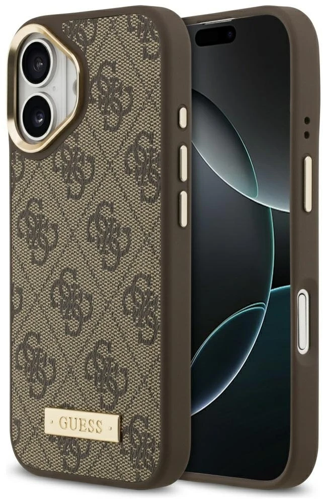 Guess 4G Logo Plate MagSafe dėklas skirtas Apple iPhone 17 rudos spalvos