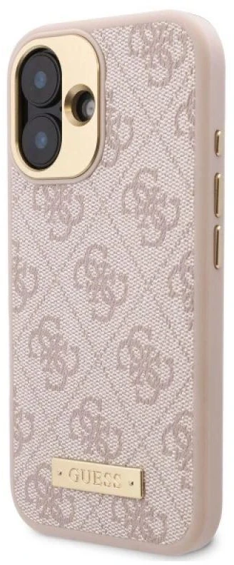 Guess GUHMP16SU4GPRP Apple iPhone 16 6.1″ rožinės spalvos kietas dėklas 4G Logo Plate MagSafe