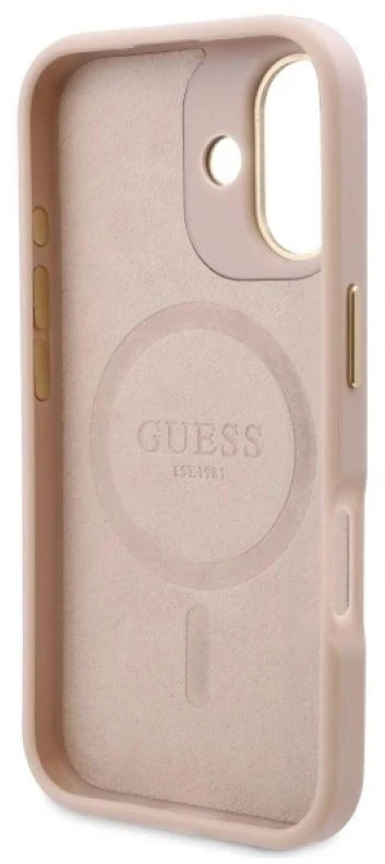 Guess GUHMP16SU4GPRP Apple iPhone 16 6.1″ rožinės spalvos kietas dėklas 4G Logo Plate MagSafe