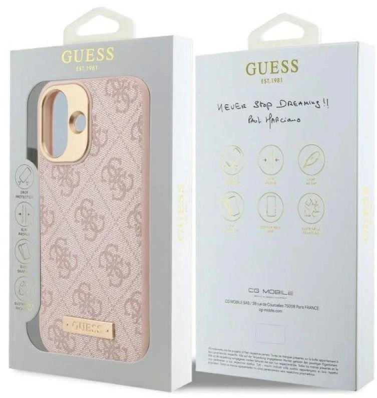 Guess GUHMP16SU4GPRP Apple iPhone 16 6.1″ rožinės spalvos kietas dėklas 4G Logo Plate MagSafe