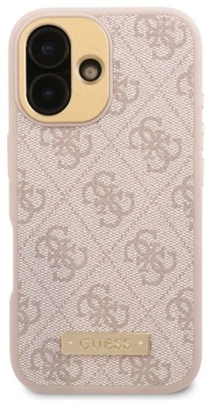 Guess GUHMP16SU4GPRP Apple iPhone 16 6.1″ rožinės spalvos kietas dėklas 4G Logo Plate MagSafe