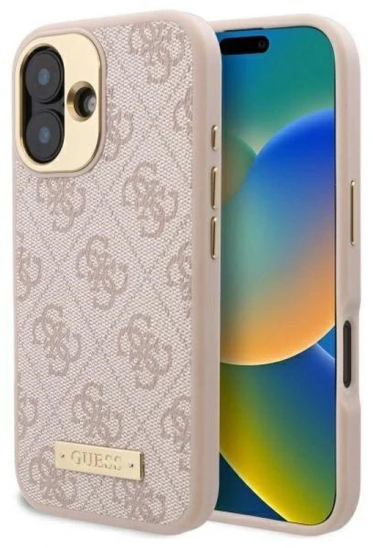 Guess GUHMP16SU4GPRP Apple iPhone 16 6.1″ rožinės spalvos kietas dėklas 4G Logo Plate MagSafe