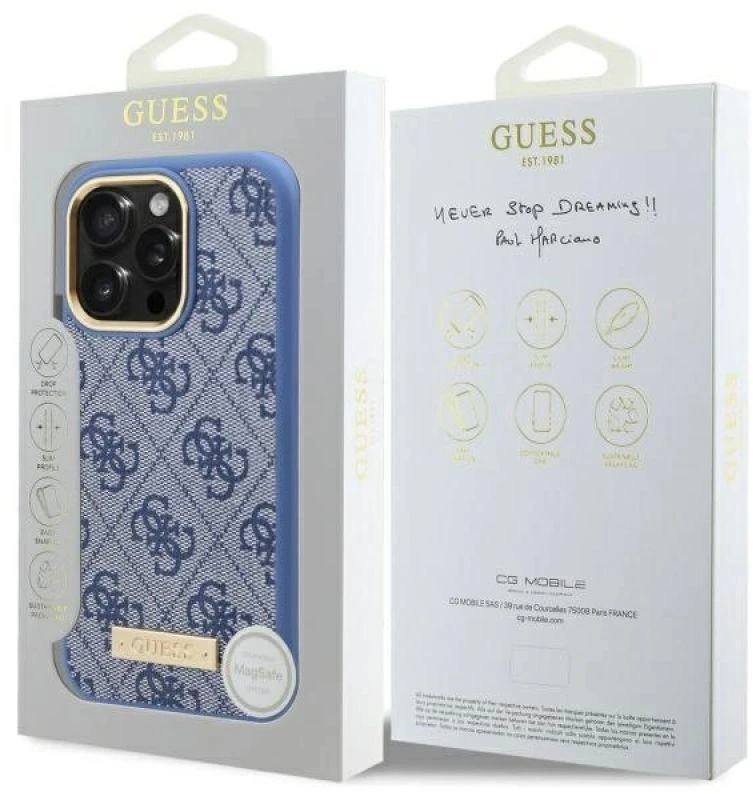 Guess GUHMP16LU4GPRB Apple iPhone 16 Pro 6.3″ mėlynas kietas dėklas 4G Logo Plate MagSafe