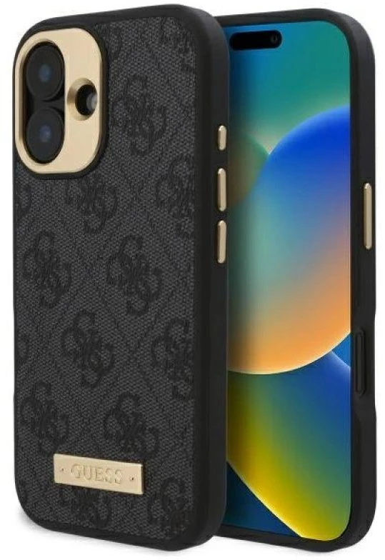 Guess GUHMP16MU4GPRK Apple iPhone 16 Plus 6.7″ juodos spalvos kietas dėklas 4G Logo Plate MagSafe