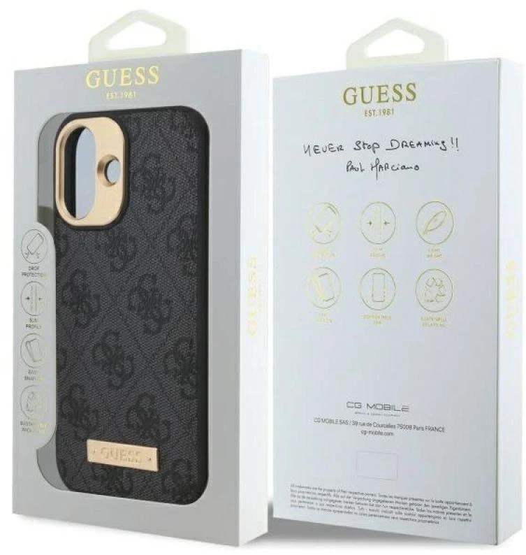 Guess GUHMP16MU4GPRK Apple iPhone 16 Plus 6.7″ juodos spalvos kietas dėklas 4G Logo Plate MagSafe
