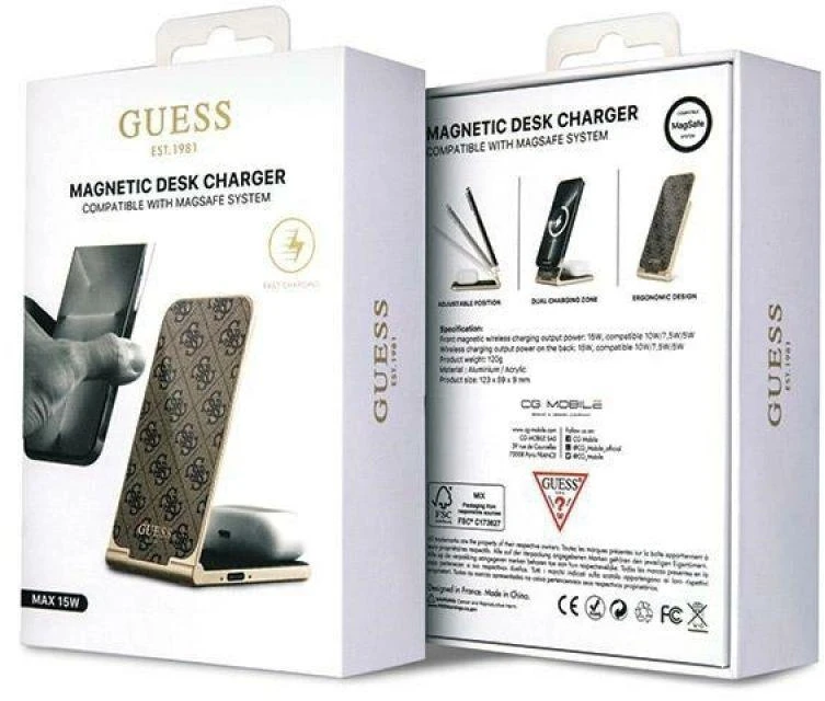 Guess sulankstomas krepšys. indukcinė 2in1 GUDCFAL4PEGW 15W rudos spalvos 4G raštas MagSafe
