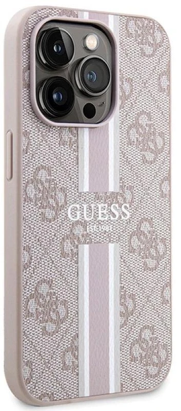 Guess GUHMP15LP4RPSP Apple iPhone 15 Pro 6.1″ rožinės spalvos kietas dėklas 4G Printed Stripes MagSafe