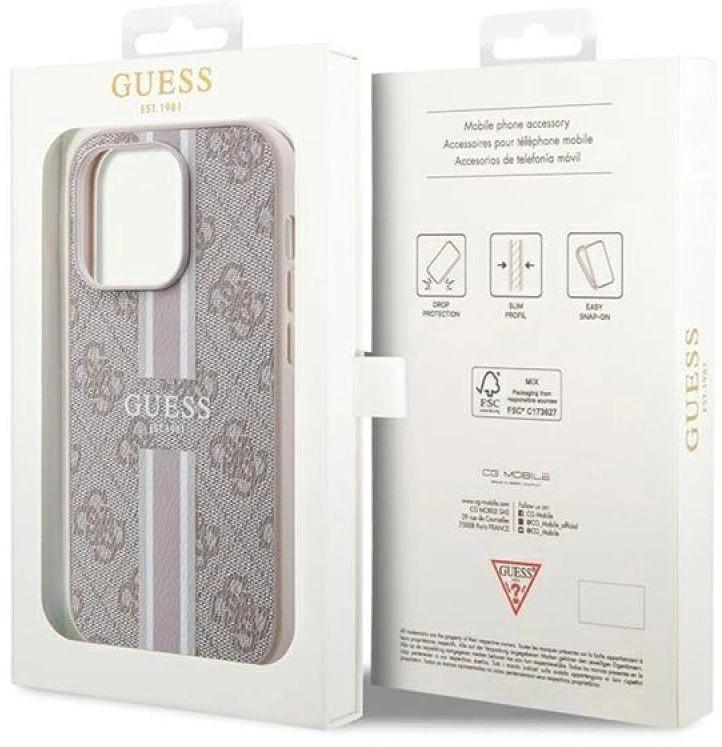 Guess GUHMP15LP4RPSP Apple iPhone 15 Pro 6.1″ rožinės spalvos kietas dėklas 4G Printed Stripes MagSafe