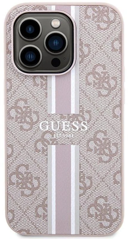 Guess GUHMP15LP4RPSP Apple iPhone 15 Pro 6.1″ rožinės spalvos kietas dėklas 4G Printed Stripes MagSafe