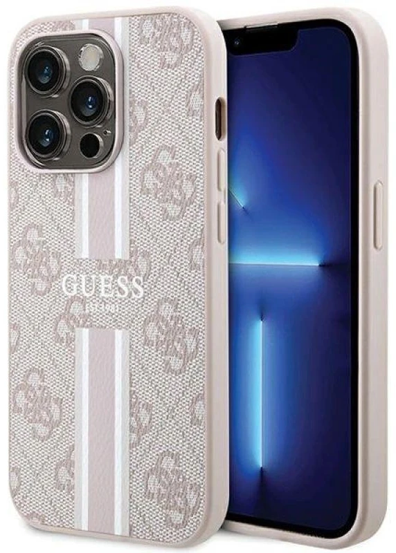 Guess GUHMP15LP4RPSP Apple iPhone 15 Pro 6.1″ rožinės spalvos kietas dėklas 4G Printed Stripes MagSafe