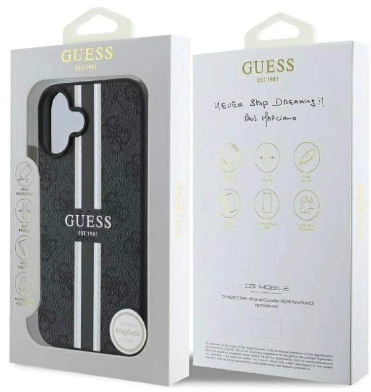 Guess GUHMP16SP4RPSK Apple iPhone 16 6.1″ juodos spalvos kietas dėklas 4G Printed Stripes MagSafe
