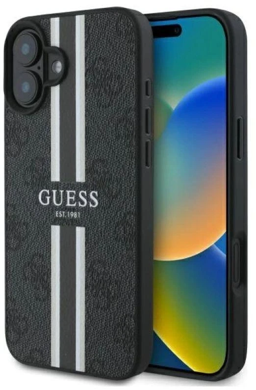 Guess GUHMP16SP4RPSK Apple iPhone 16 6.1″ juodos spalvos kietas dėklas 4G Printed Stripes MagSafe