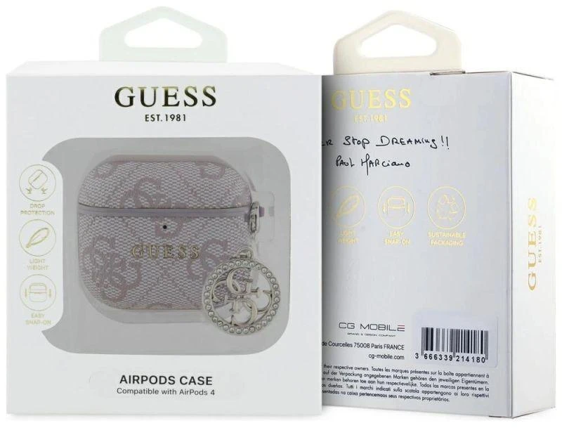 Guess 4G Script PC/PU Charm dėklas skirtas AirPods 4 rožinės spalvos