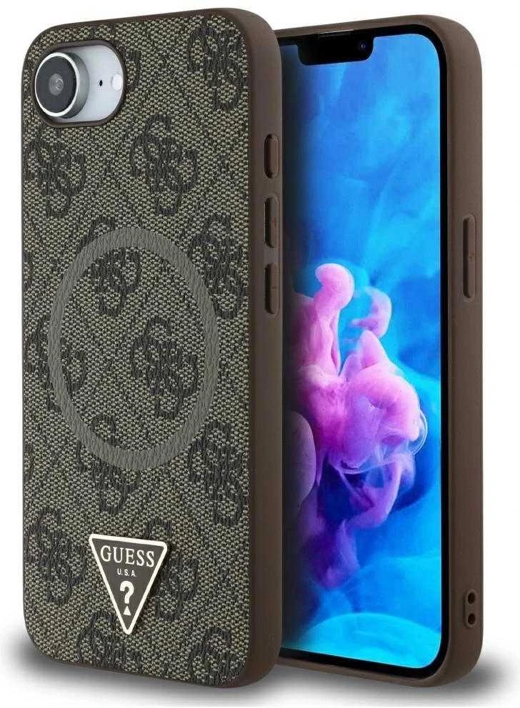 Guess PU 4G Strass Triangle Metal Logo Apple iPhone 16e dėklas telefonui rudos spalvos