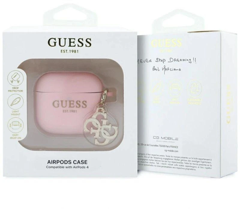 Guess AirPods 4 dėklas, silikoninis, 4G Charm - rožinis