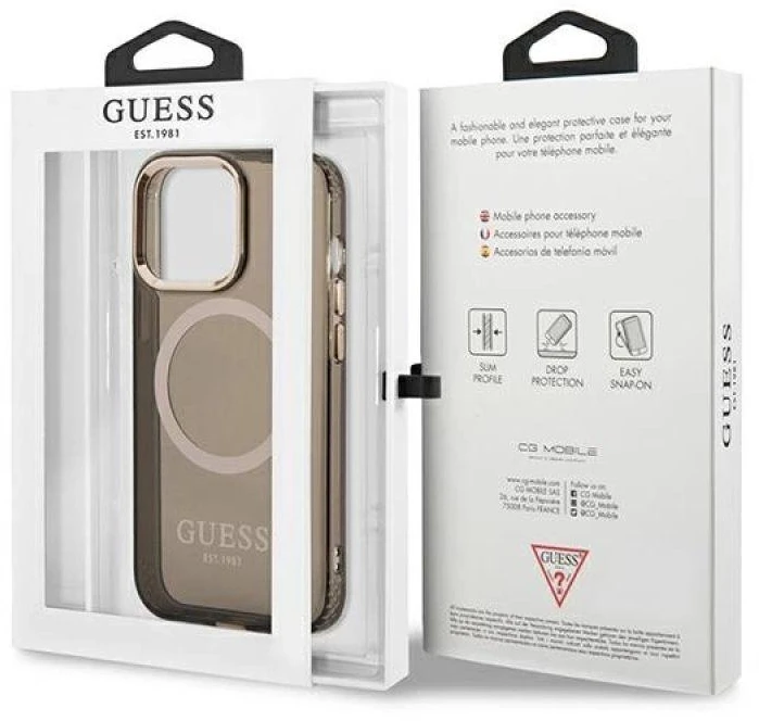 Guess GUHMP13LHTCMK Apple iPhone 13 Pro / 13 6,1″ juodos spalvos kietas dėklas Gold Outline Translucent MagSafe