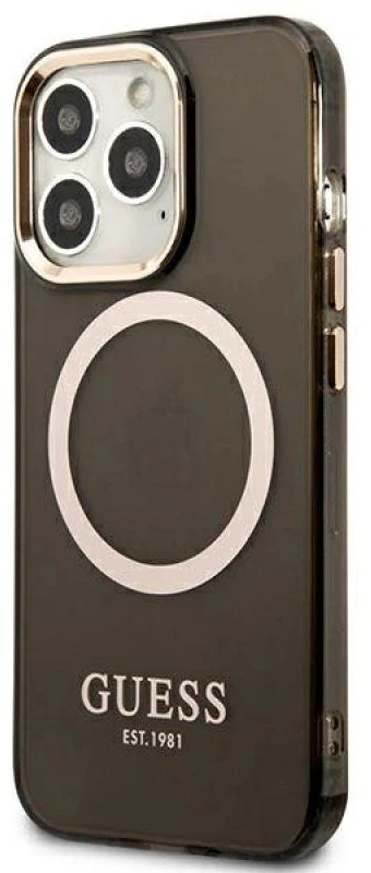 Guess GUHMP13LHTCMK Apple iPhone 13 Pro / 13 6,1″ juodos spalvos kietas dėklas Gold Outline Translucent MagSafe