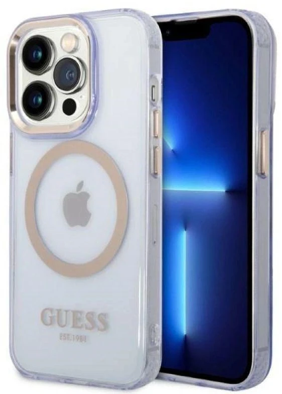 „Guess“ auksinis permatomas „MagSafe“ dėklas, skirtas „iPhone 14 Pro Max 6.7“ - Violetinė